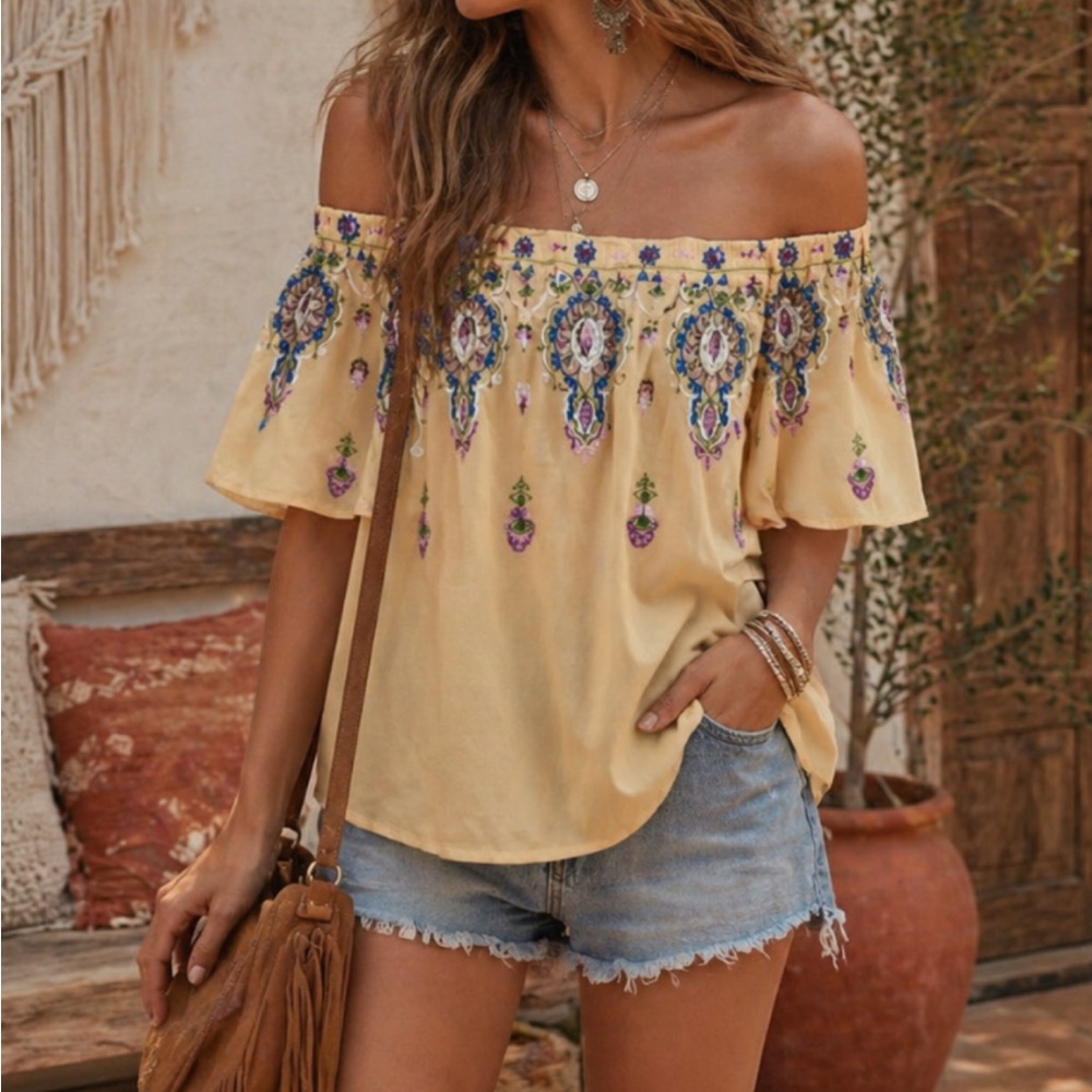 Anthropologie Embroidered Off-Shoulder Yellow Women's Top Boho M summer beach